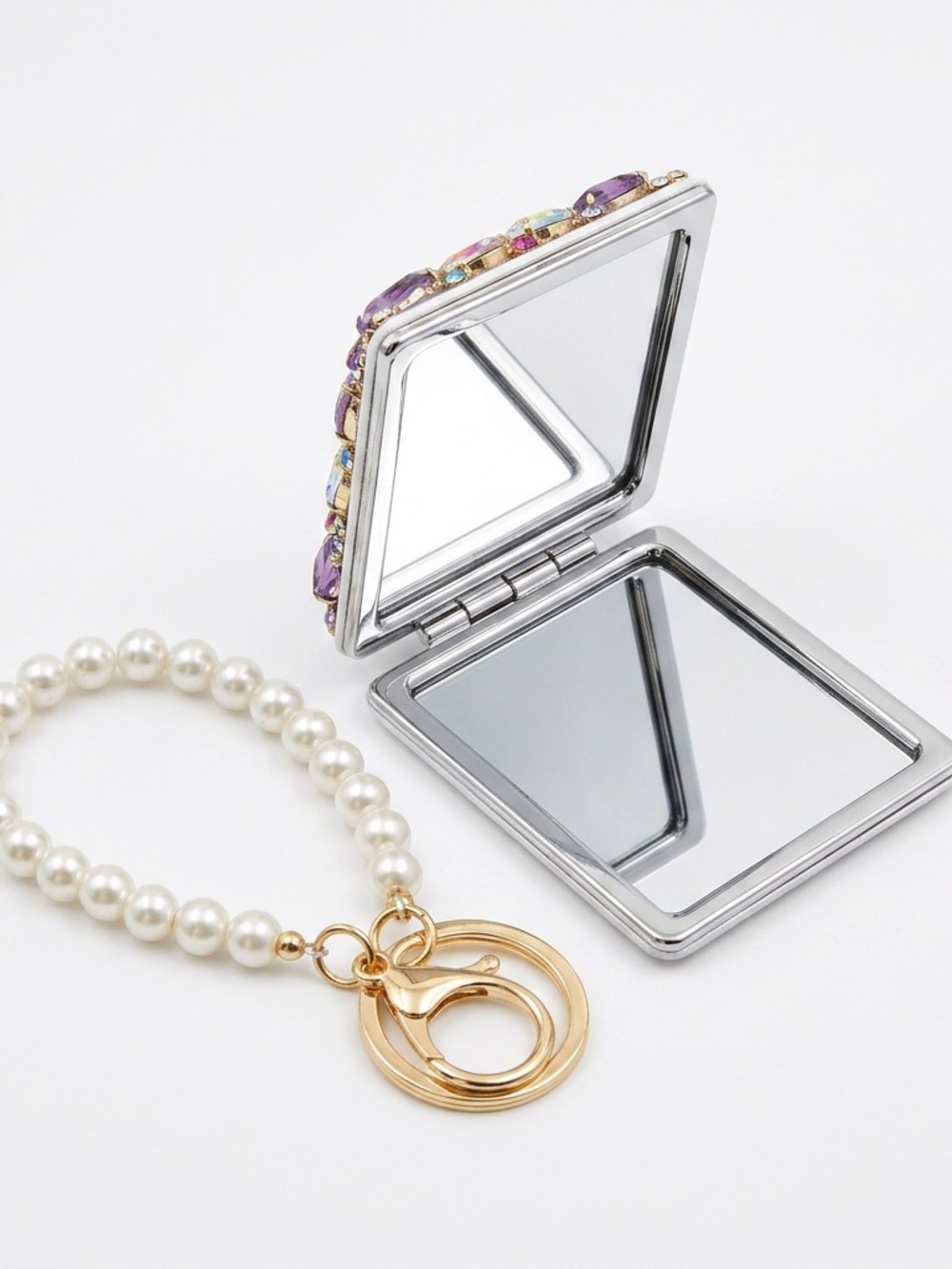 Bejeweled Purple & White Pearl Wristlet mirror Keychain
